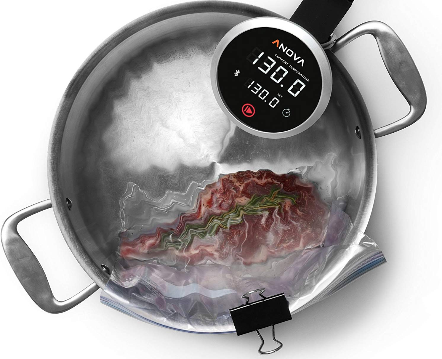 Rib-eye steak with rosemary cooked sous vide in water bath